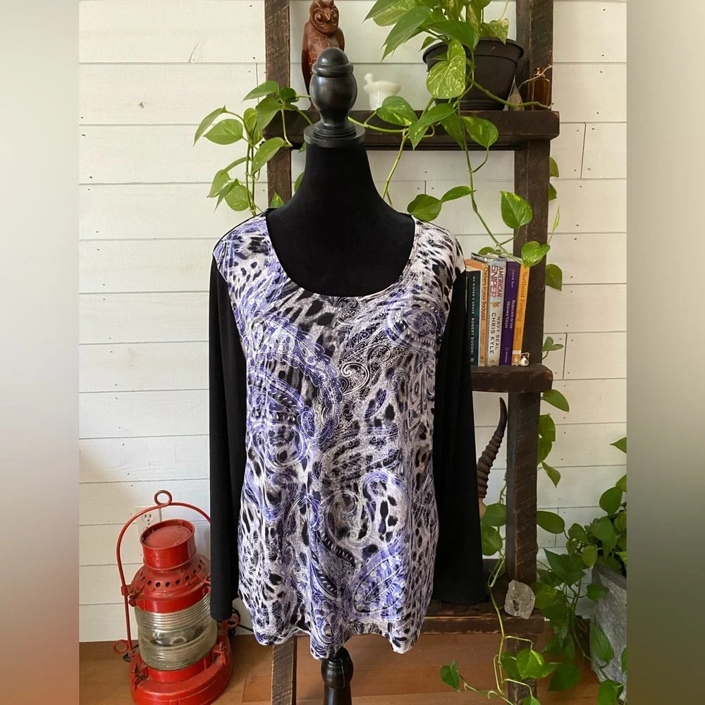 Chico’s: Black, White & Blue Paisley Pattern Blouse